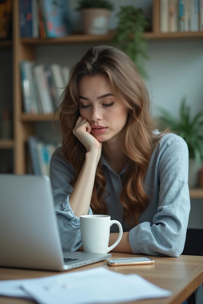 Person pausing at a desk with hands resting before keyboard